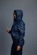Women's Leather Hoodie [Navy Blue]