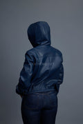 Women's Leather Hoodie [Navy Blue]