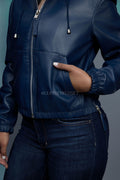 Women's Leather Hoodie [Navy Blue]