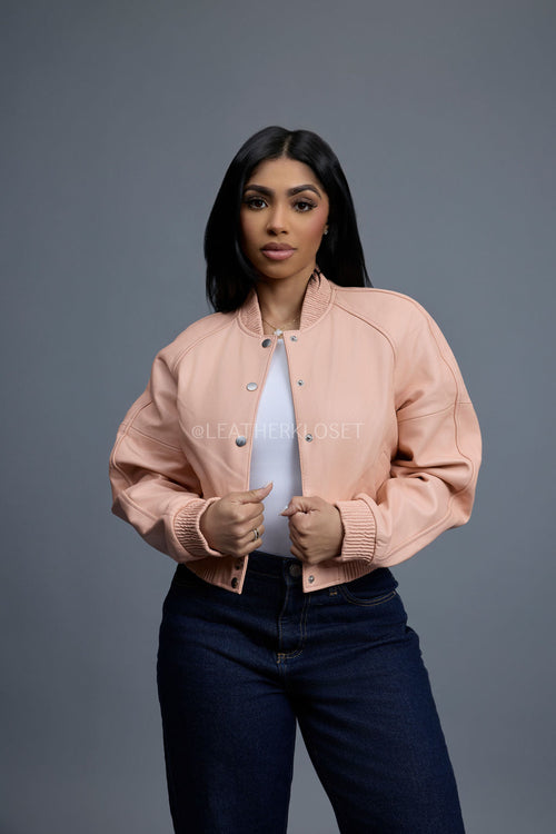 Women's Crop Leather Varsity Jacket [Baby Pink]