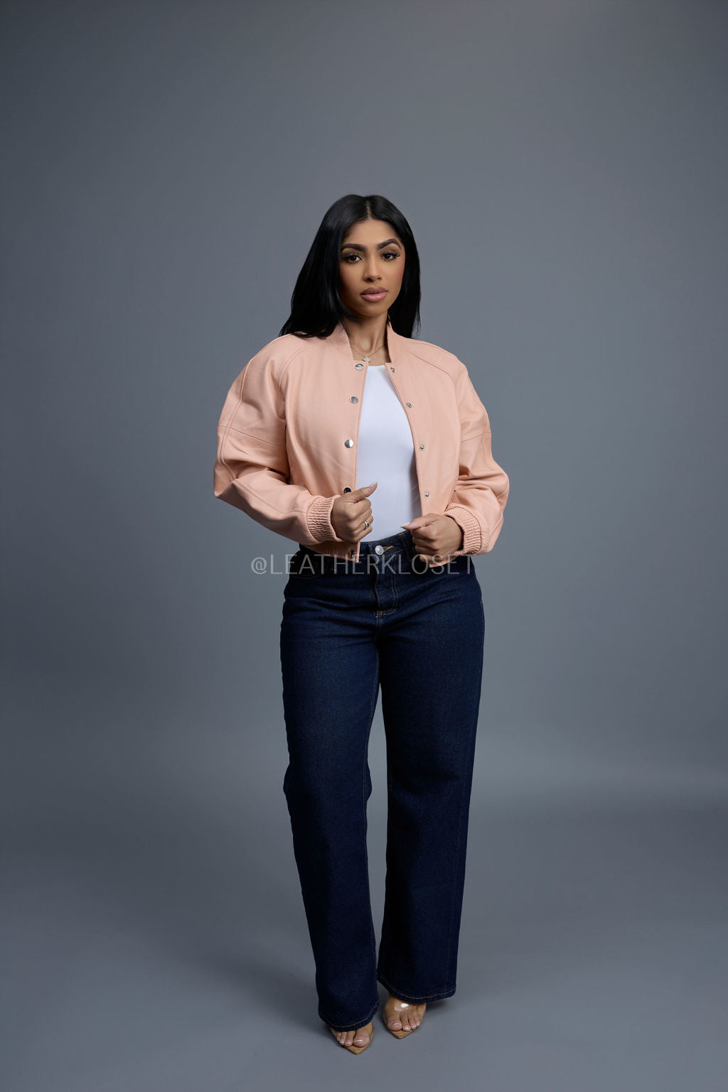 Women's Crop Leather Varsity Jacket [Baby Pink]