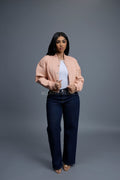 Women's Crop Leather Varsity Jacket [Baby Pink]