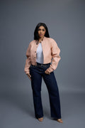 Women's Crop Leather Varsity Jacket [Baby Pink]