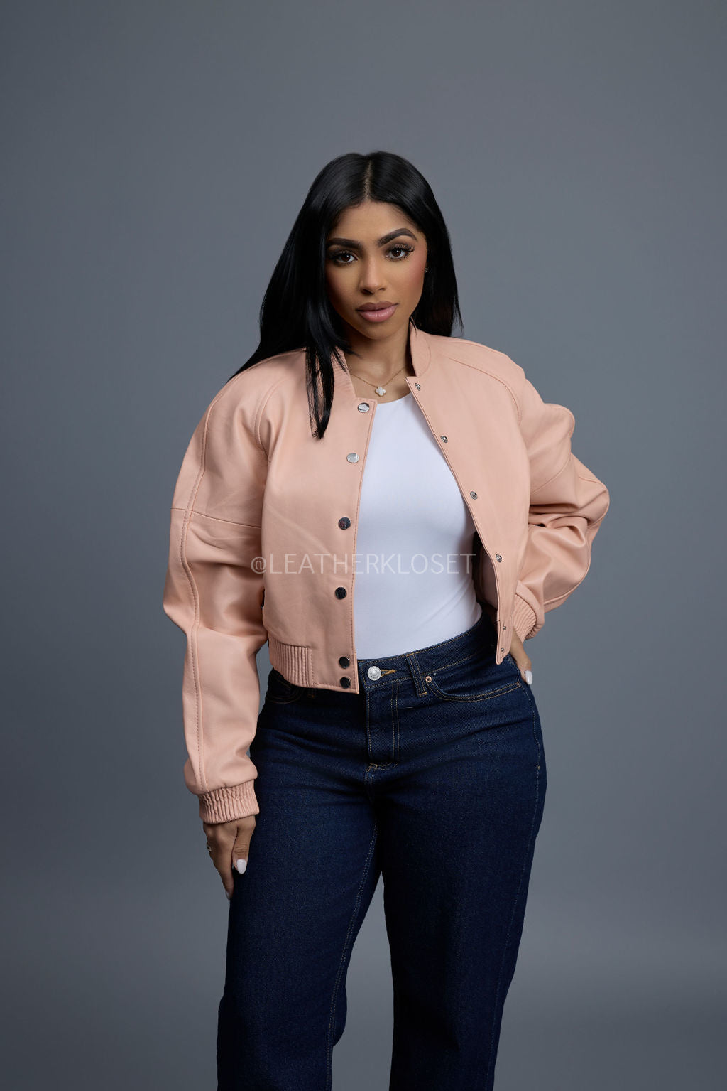 Women's Crop Leather Varsity Jacket [Baby Pink]
