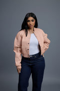 Women's Crop Leather Varsity Jacket [Baby Pink]