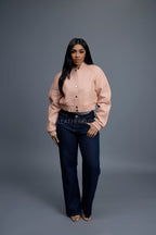 Women's Crop Leather Varsity Jacket [Baby Pink]