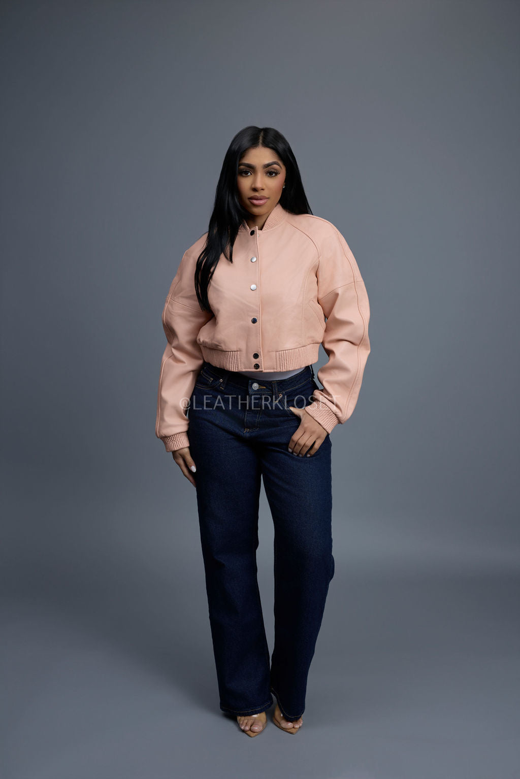 Women's Crop Leather Varsity Jacket [Baby Pink]