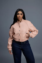 Women's Crop Leather Varsity Jacket [Baby Pink]