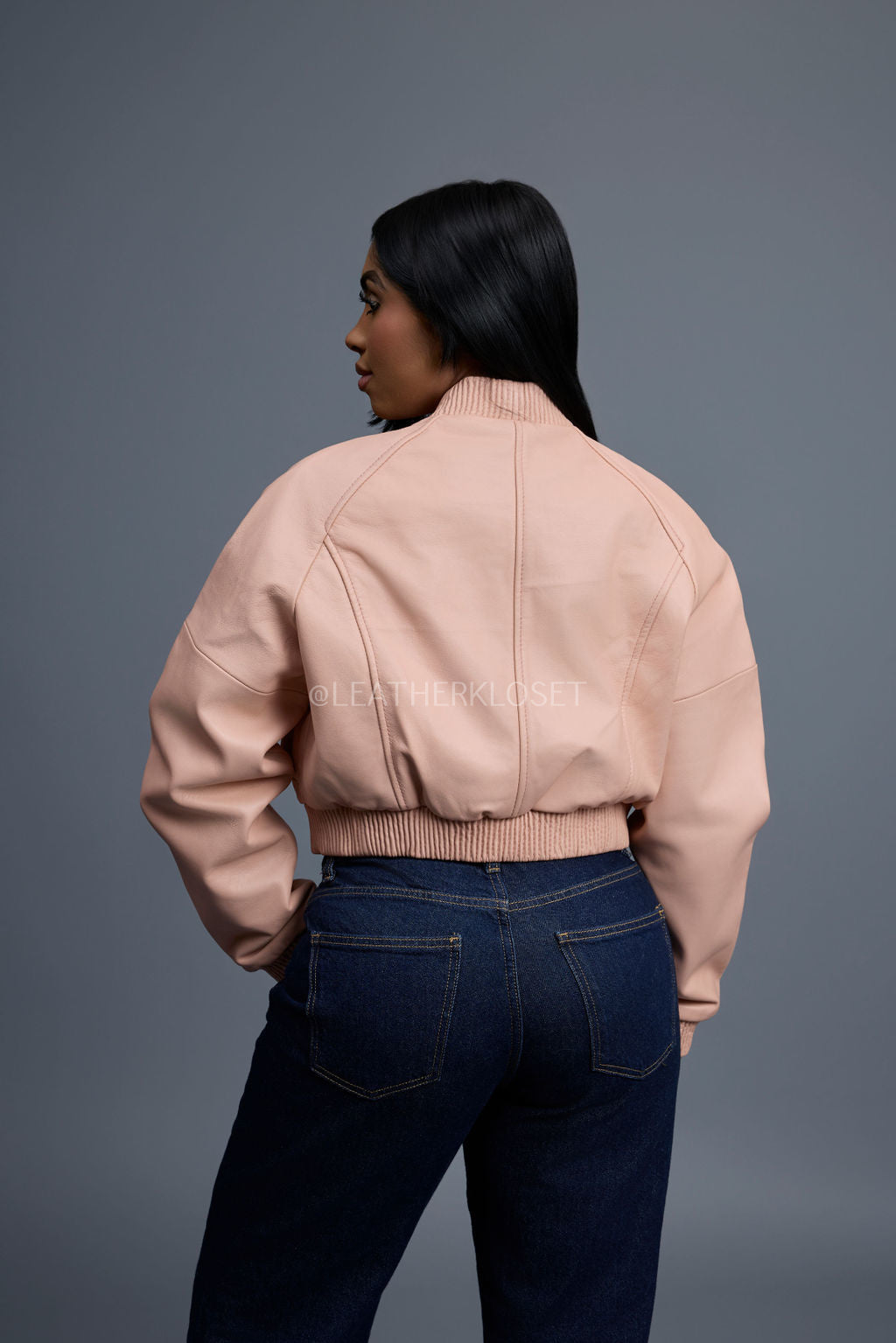Women's Crop Leather Varsity Jacket [Baby Pink]