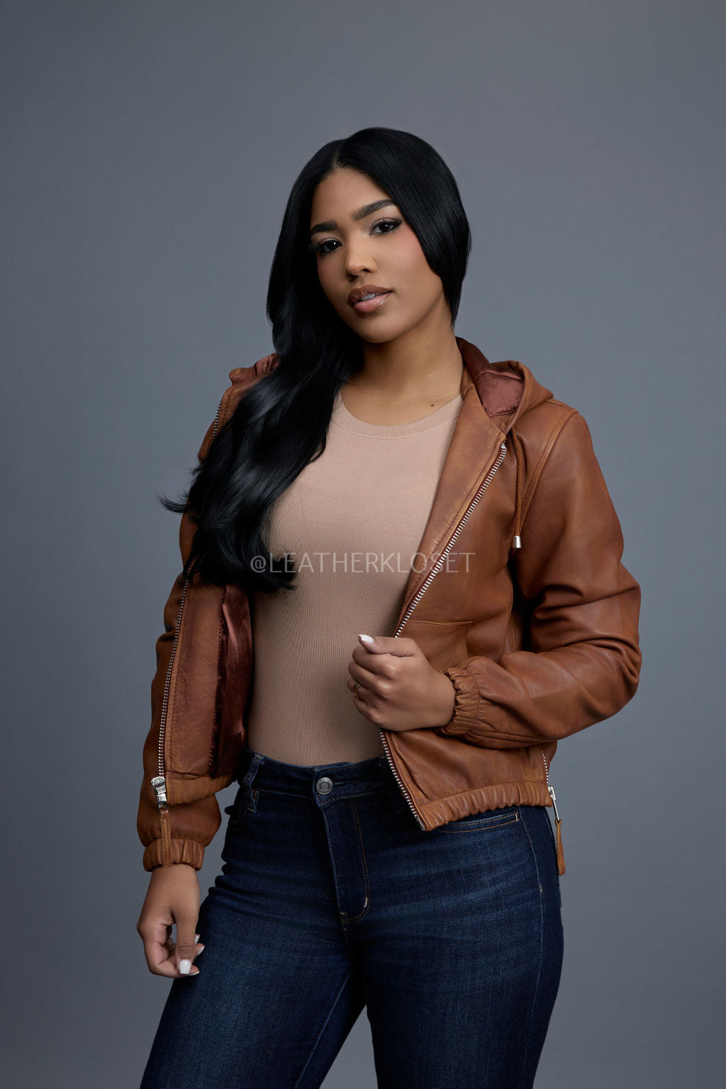 Women's Leather Hoodie [Caramel Crunch]