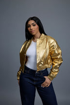 Women's Crop Leather Varsity Jacket [Gold]