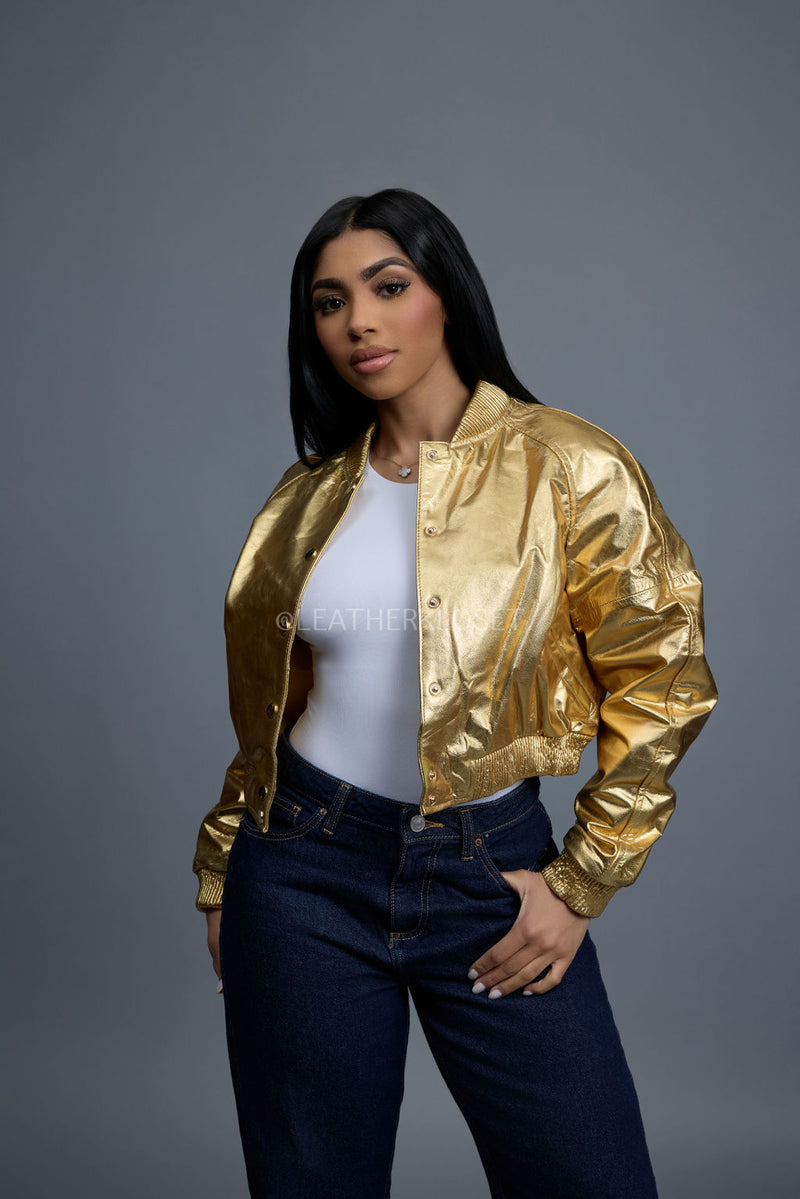 Women's Crop Leather Varsity Jacket [Gold]