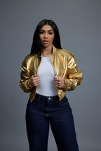 Women's Crop Leather Varsity Jacket [Gold]