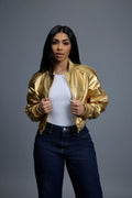 Women's Crop Leather Varsity Jacket [Gold]