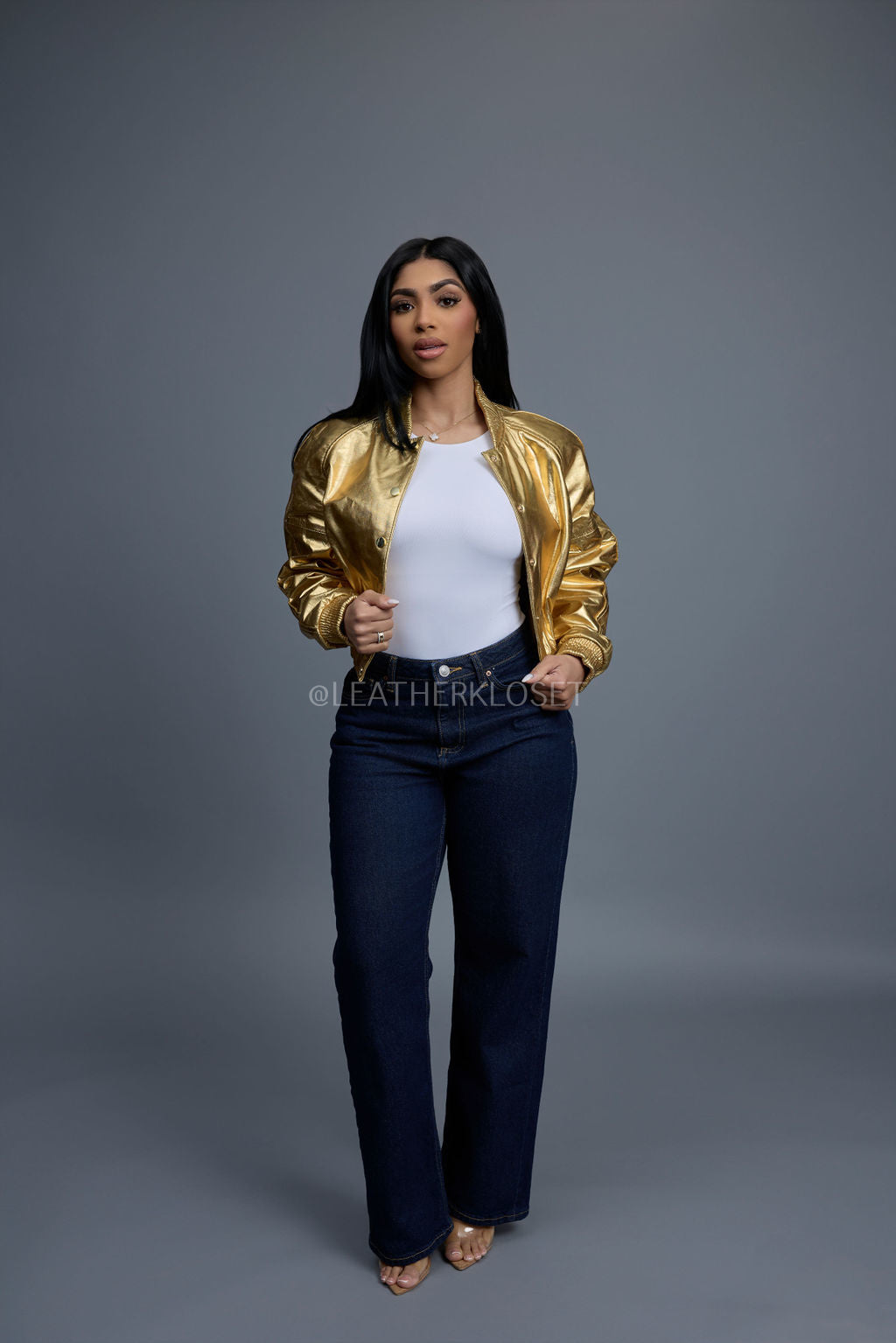 Women's Crop Leather Varsity Jacket [Gold]