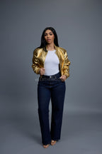 Women's Crop Leather Varsity Jacket [Gold]