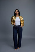 Women's Crop Leather Varsity Jacket [Gold]
