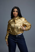 Women's Crop Leather Varsity Jacket [Gold]