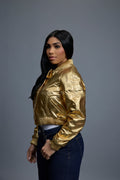 Women's Crop Leather Varsity Jacket [Gold]