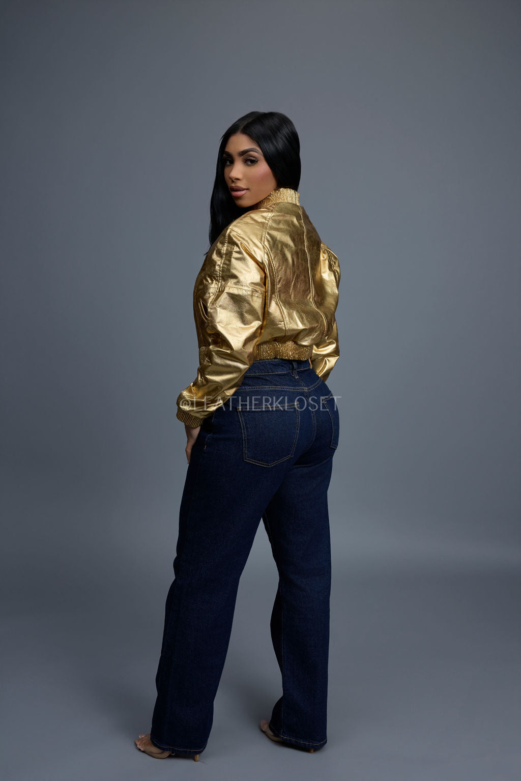 Women's Crop Leather Varsity Jacket [Gold]