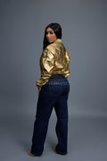 Women's Crop Leather Varsity Jacket [Gold]