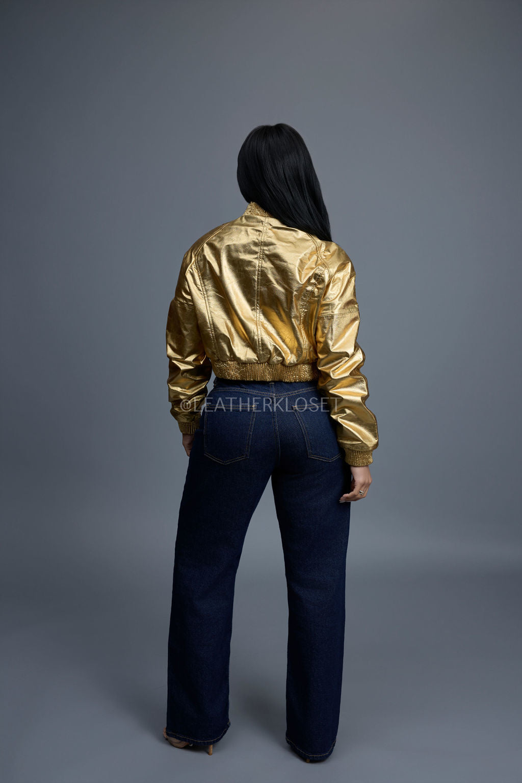 Women's Crop Leather Varsity Jacket [Gold]