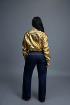 Women's Crop Leather Varsity Jacket [Gold]