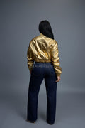 Women's Crop Leather Varsity Jacket [Gold]