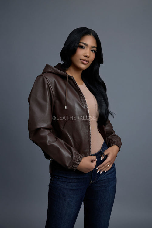 Women's Leather Hoodie [Chocolate]
