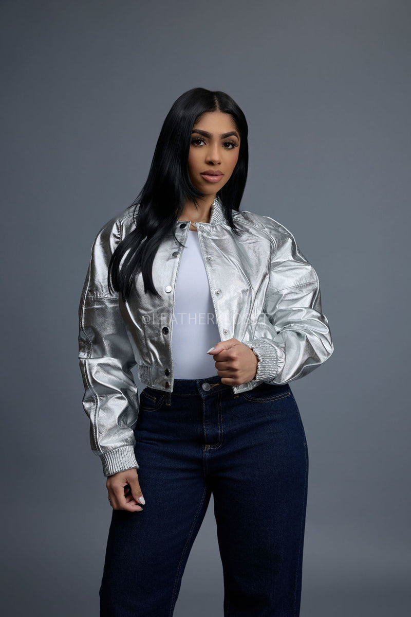Women's Crop Leather Varsity Jacket [Silver]