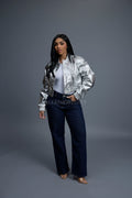 Women's Crop Leather Varsity Jacket [Silver]
