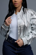 Women's Crop Leather Varsity Jacket [Silver]
