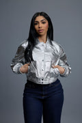 Women's Crop Leather Varsity Jacket [Silver]
