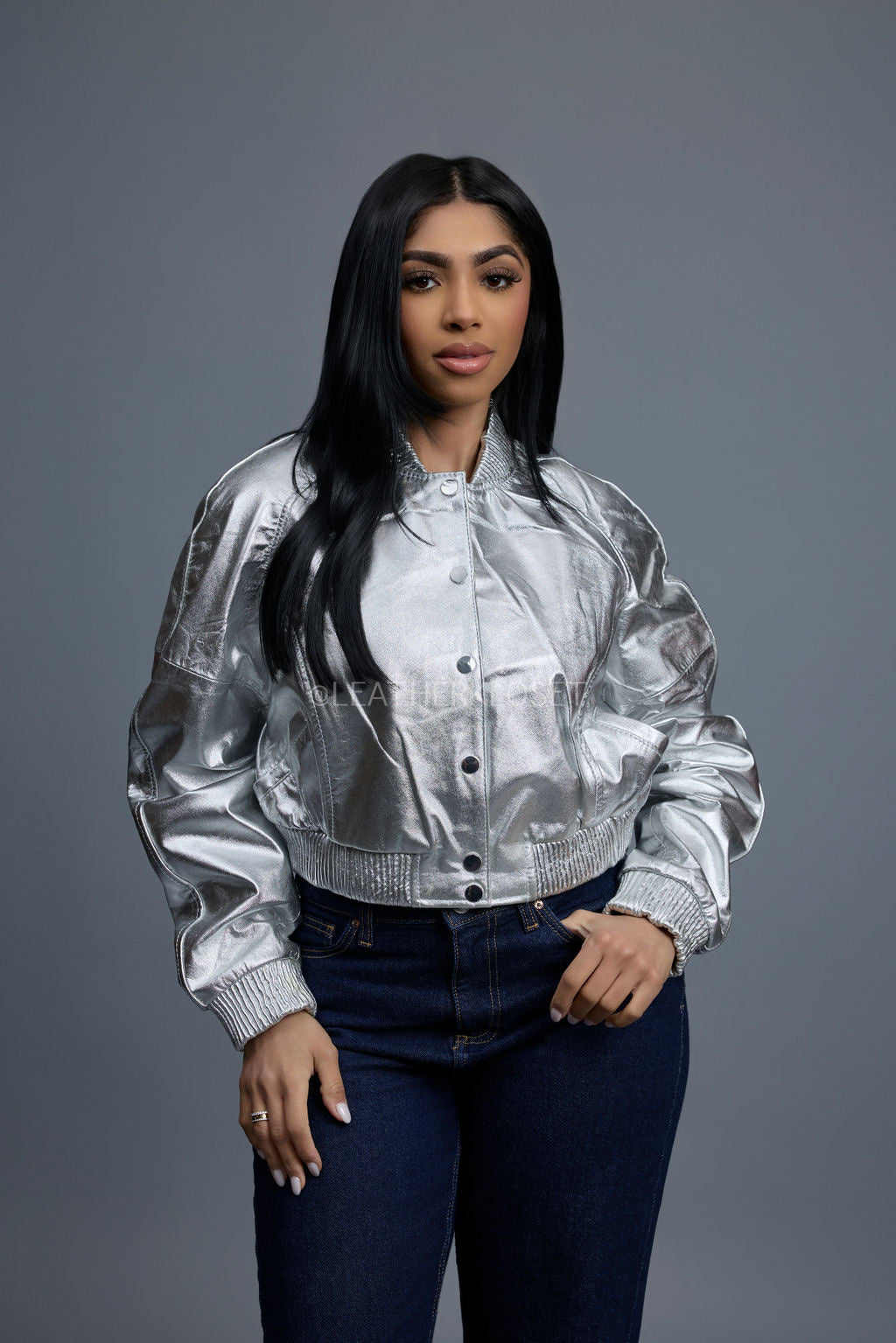 Women's Crop Leather Varsity Jacket [Silver]