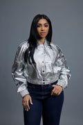 Women's Crop Leather Varsity Jacket [Silver]