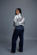 Women's Crop Leather Varsity Jacket [Silver]