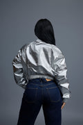 Women's Crop Leather Varsity Jacket [Silver]