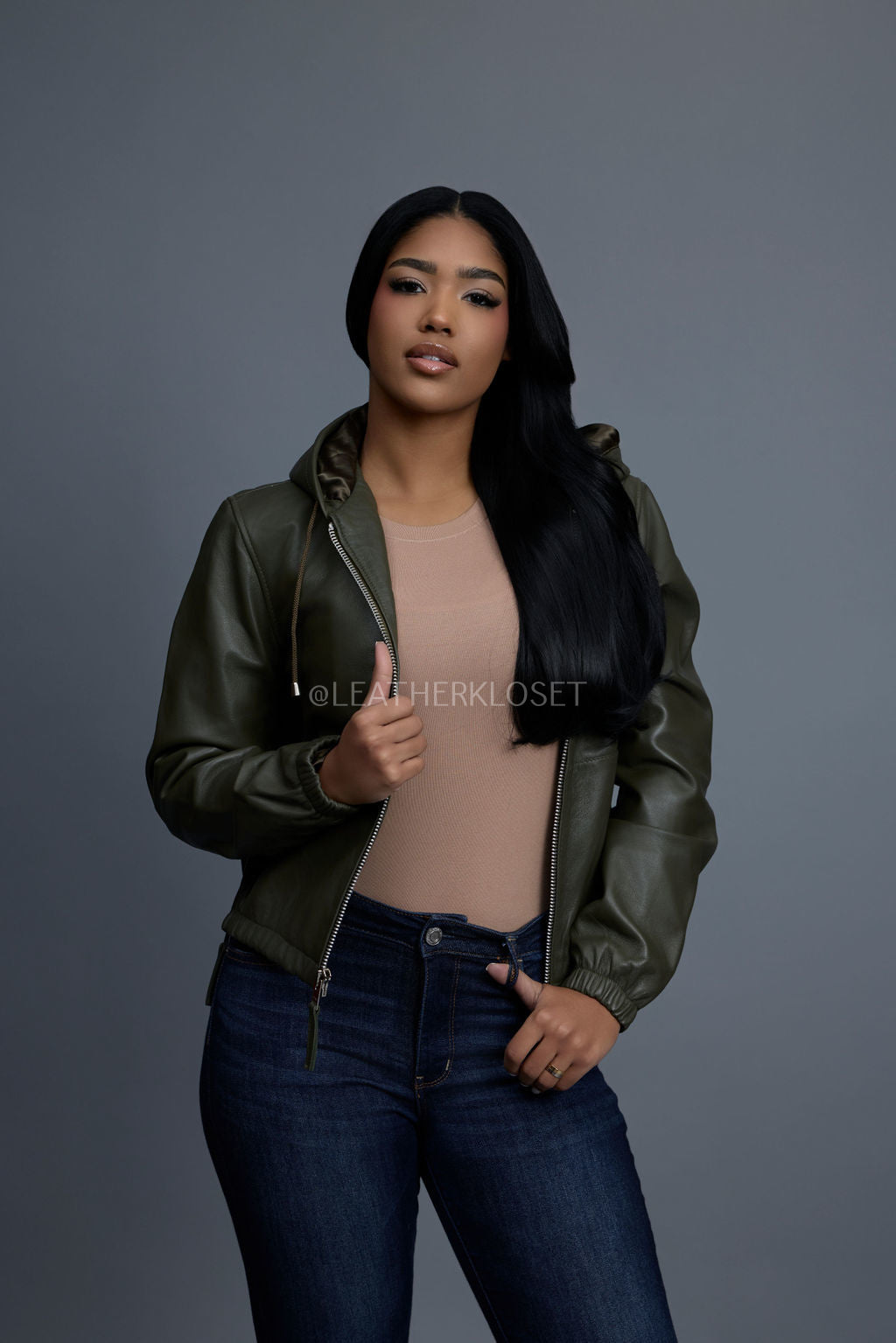 Women's Leather Hoodie [Olive]