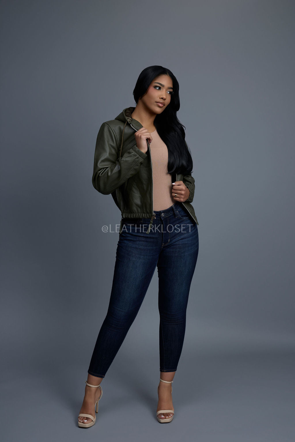 Women's Leather Hoodie [Olive]