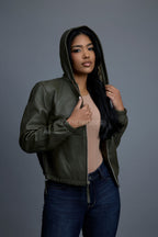 Women's Leather Hoodie [Olive]