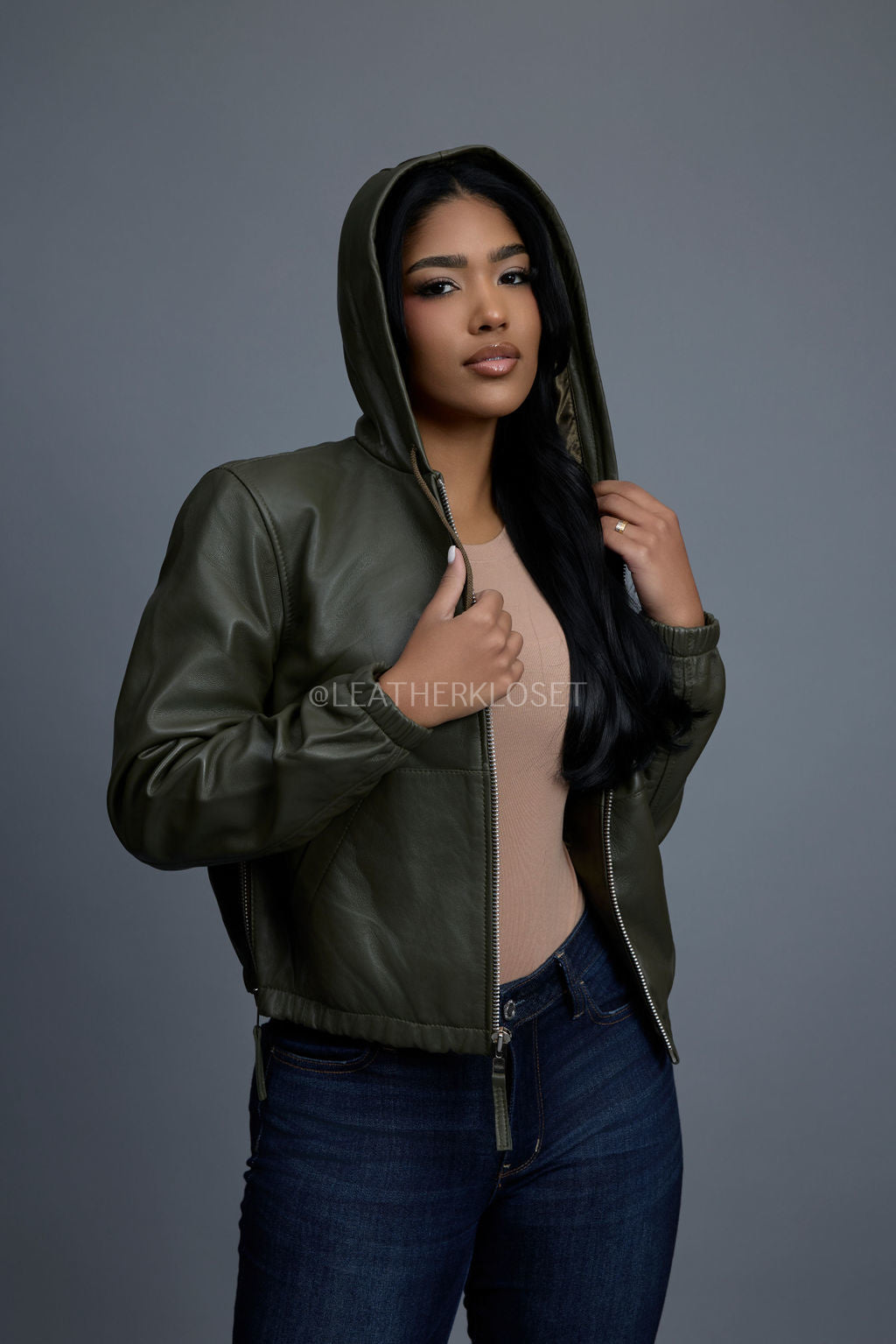 Women's Leather Hoodie [Olive]