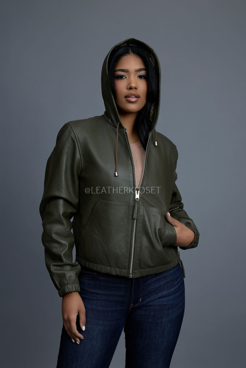 Women's Leather Hoodie [Olive]