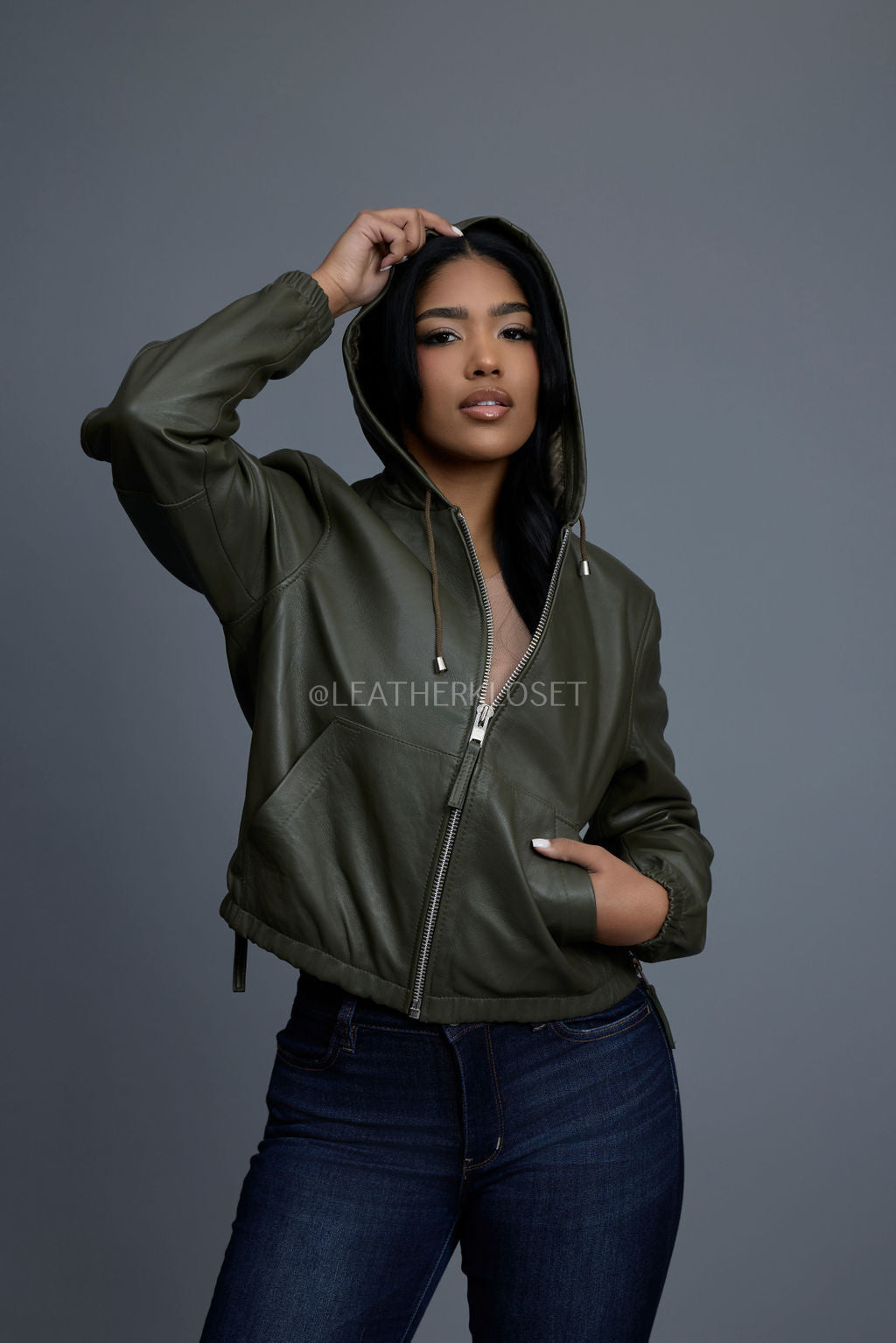 Women's Leather Hoodie [Olive]