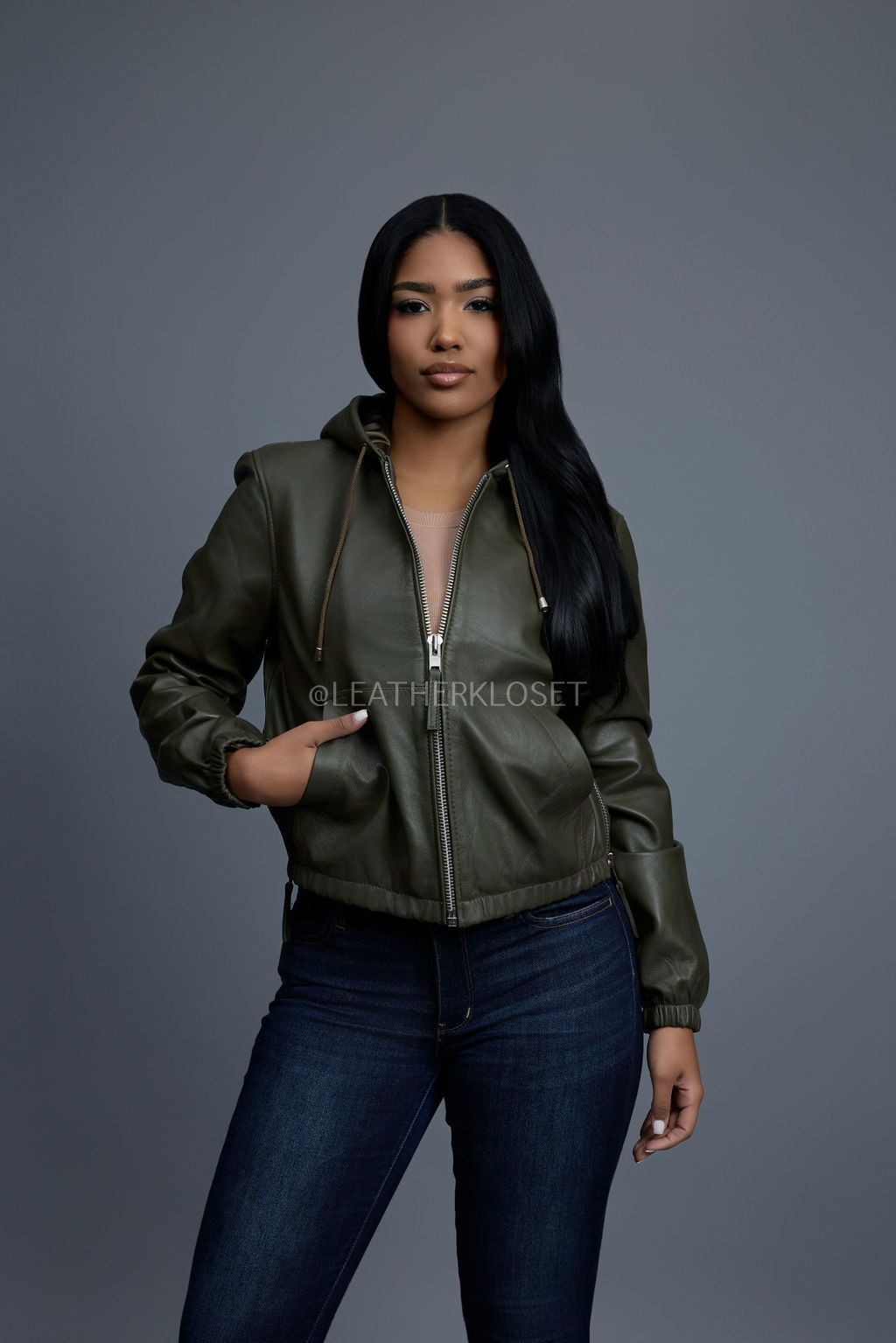 Women's Leather Hoodie [Olive]