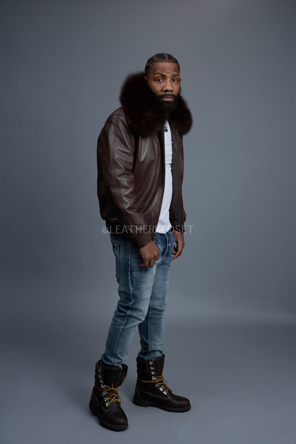 Men's Classic Baseball Leather Jacket With Fox Collar [Chocolate]