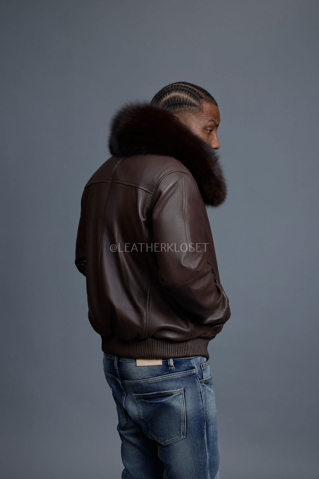 Men's Classic Baseball Leather Jacket With Fox Collar [Chocolate]