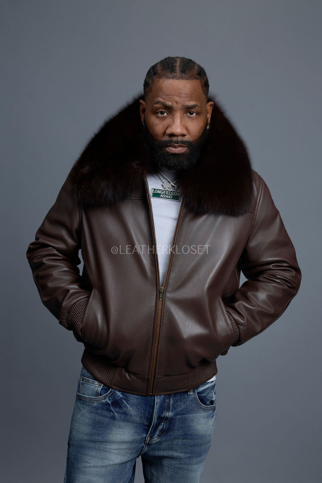 Men's Classic Baseball Leather Jacket With Fox Collar [Chocolate]