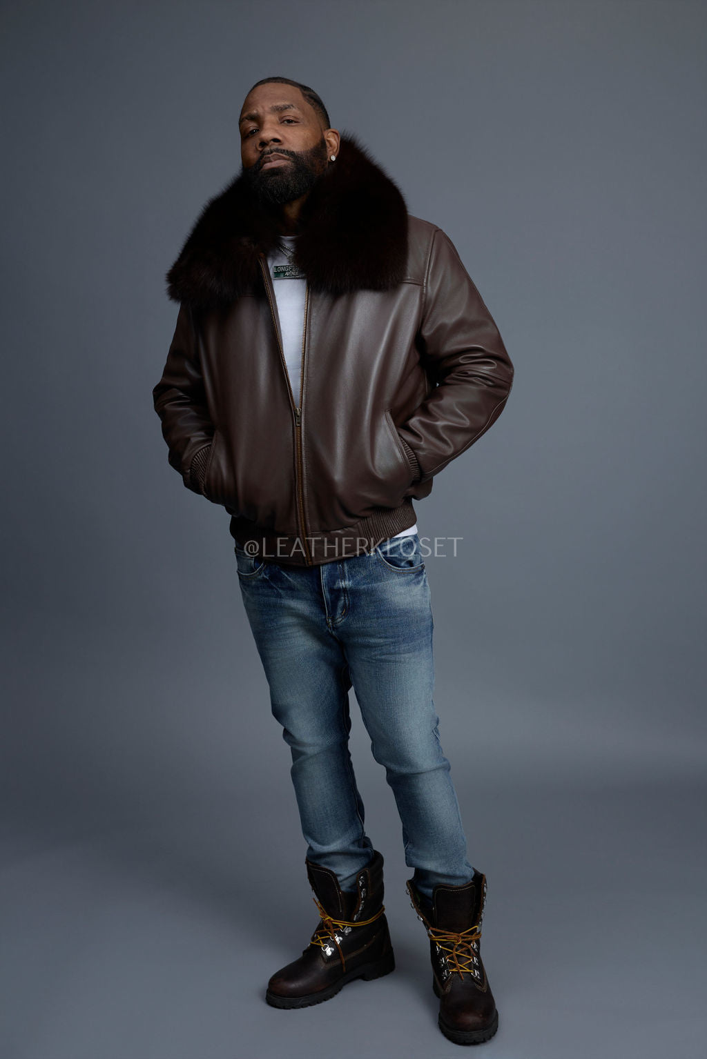 Men's Classic Baseball Leather Jacket With Fox Collar [Chocolate]