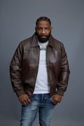 Men's Classic Baseball Leather Jacket With Collar [Chocolate]