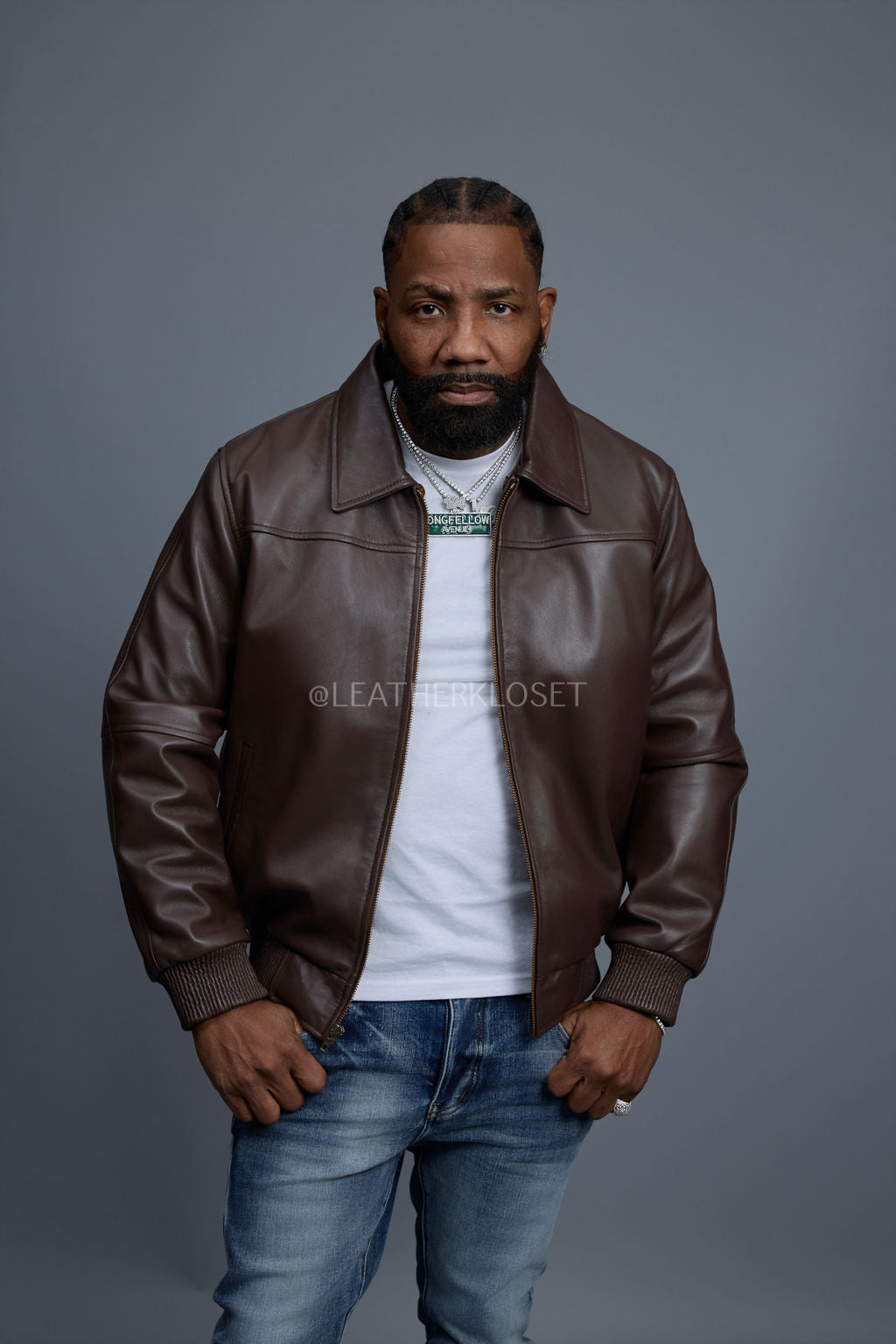 Men's Classic Baseball Leather Jacket With Collar [Chocolate]